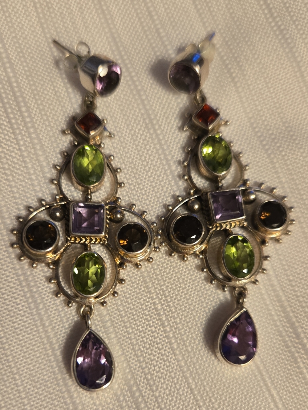 Nicky Butler Green Peridot and Purple Amethyst Multi-Gem Drop Earrings